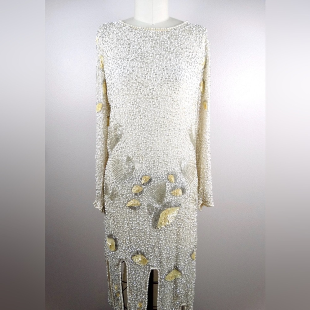 VINTAGE Heavy Pearl & Beaded Sequin Seashell Gatsby Pure Silk Dress- Size Small